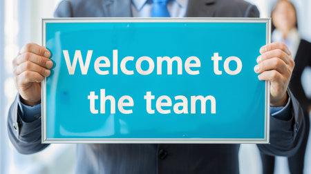 Corporate businessman holding  welcome to the team  sign in front of a modern office buildingの素材