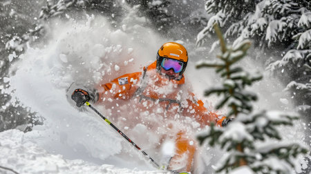 Close up view of a person skiing in the breathtaking natural scenery of the great outdoorsの素材