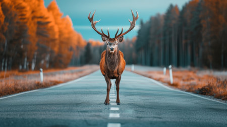 Nighttime road hazard  deer standing near forest, highlighting wildlife transport coexistence.の素材