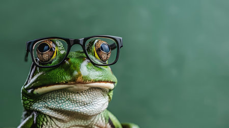 Cute little frog with stylish glasses posing in front of a professional studio backgroundの素材