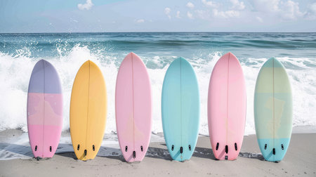 Vibrant surfboards lined up on sunny beach with waves, perfect for text placement.の素材