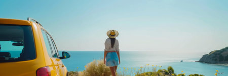 Young woman traveler in a hat standing by car on summer holiday at the sea with copy spaceの素材