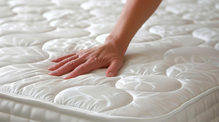 Woman s hands putting white fitted sheet on mattress in close up detail for bedding decorの素材