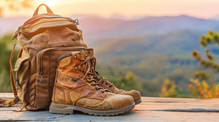 Hiking backpack and shoes on mountain trail, adventure travel concept with space for textの素材