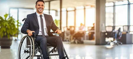 Happy businessman in suit in wheelchair working in modern office with copy space for textの素材