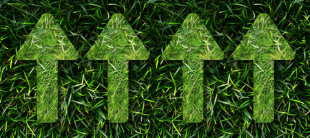 Upward pointing arrows of green grass, eco friendly progress and sustainable development trendの素材