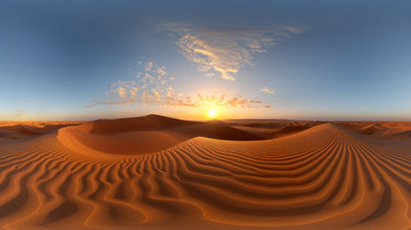 Captivating sahara desert panorama at sunset with golden sand dunes   banner imageの素材