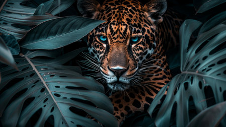 Majestic tiger in dark jungle, peering through lush foliage, capturing wild beauty and allure.の素材