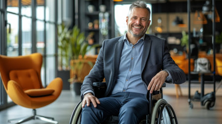 A confident businessman in a wheelchair smiling while working in a sleek and modern office settingの素材
