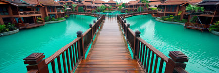 Idyllic wooden walkway over turquoise ocean to overwater bungalows at tropical resortの素材