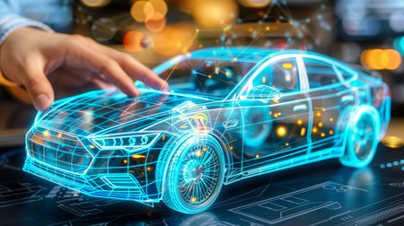 Engineering smart ev car design with ai on holographic display, automotive engineer at workの素材