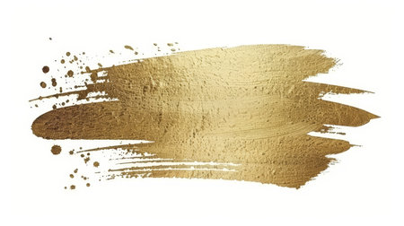 Golden paint brush stroke isolated on white background for artistic design projectsの素材