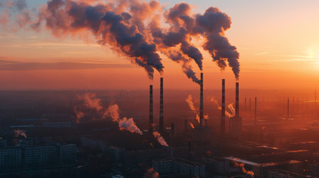 Carbon emissions from factory chimneys sinking into thick smog  industrial pollution impact.の素材