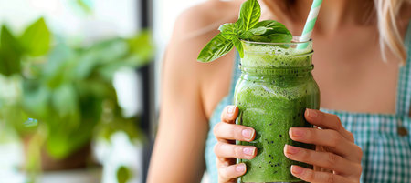Happy woman holding detox smoothie in bright white living room with copy space for textの素材