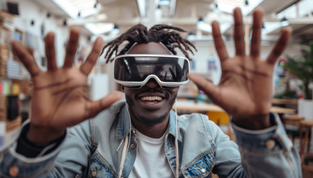 Young businessman wearing vr glasses in startup office for online metaverse meetingの素材
