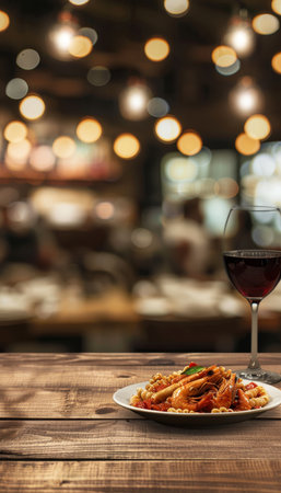 Savory seafood pasta dish on a blurred restaurant background with ample space for text placementの素材