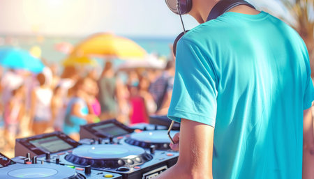Dj mixing at beach party festival with crowd on blurred background, outdoor event with copy spaceの素材