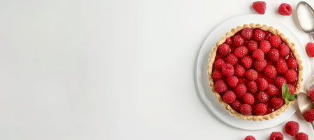 Overhead view of raspberry mini tart on white cutting board with vintage teaspoonsの素材