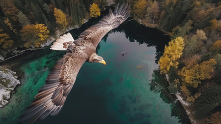 Majestic bald eagle flying over lush green forest and reflective blue lake in mountainous sceneryの素材