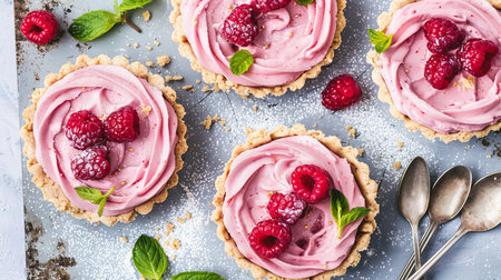 Overhead view of raspberry mini tart on white cutting board with vintage teaspoonsの素材