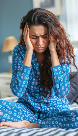Distressed young woman in pajamas sitting on bed, illustrating mental health and depression concept.の素材