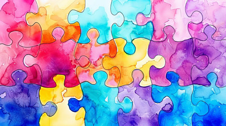 Colorful watercolor puzzle pieces symbolize connection and diversity, abstract design.の素材