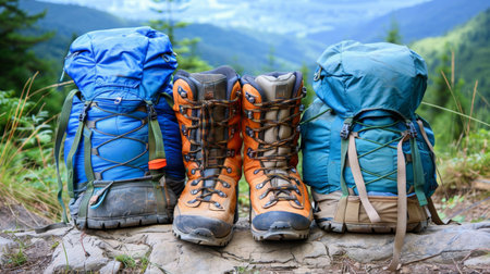 Adventure climbing gear  helmet, hammer, carabiner, shoes on wood background, space for custom text.の素材