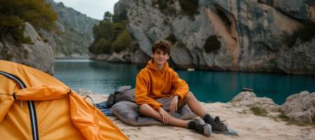 Happy young man camping in scenic landscape with natural lighting and text spaceの素材