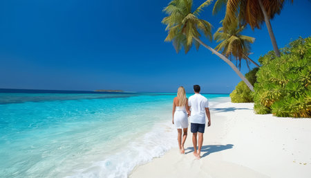 Tranquil scene of couple walking on white sand beach in paradise with text spaceの素材