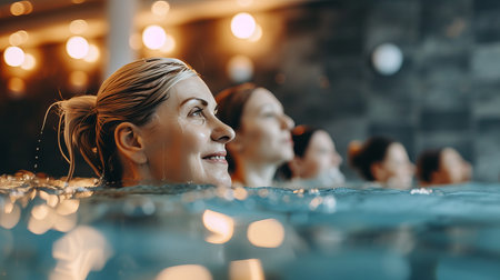Energetic and enthusiastic elderly women engaging in a fun filled water aerobics session at the poolの素材