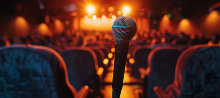 Spotlit microphone in auditorium with expectant audience, live performance concept, space for text.の素材