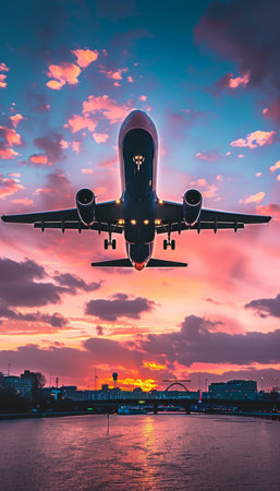 Modern airplane flying in sunset, displaying aviation s beauty against the colorful sky.の素材