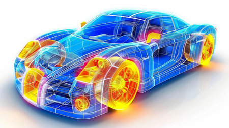 Futuristic electric car surrounded by holographic wireframe digital technology backgroundの素材