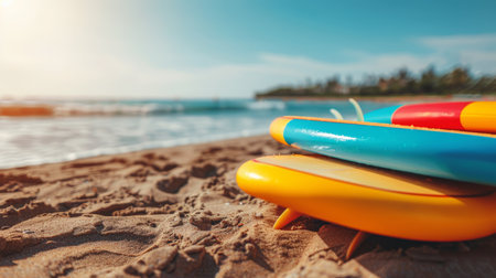 Colorful surfboards lined up on sunny beach next to the sea with waves, ideal for text placementの素材