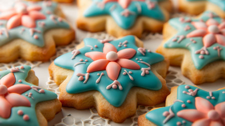 Assorted cookies with vintage quilt pattern icing in blue and pink, multicolored dough backgroundの素材