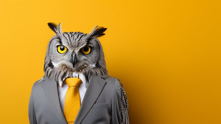 Anthropomorphic owl in business suit working in corporate setting, studio shot with copy spaceの素材
