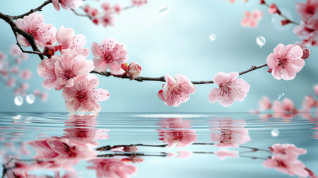 Tranquil spring background  pastel ponds reflect spring blooms with soft ripples creating movement.の素材