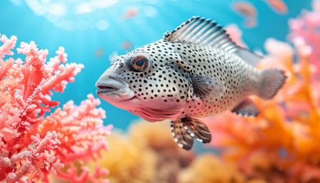 Colorful pufferfish swimming among vibrant corals in a saltwater aquarium environmentの素材