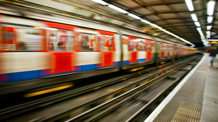 Subway train speeds through underground tunnel with dynamic motion blur, transportation concept.の素材