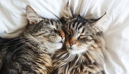Sweet kitty cat couple cuddling on fluffy white bed, copy space, pet love and relaxation concept.の素材