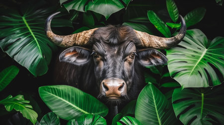 Majestic yak in dark tropical jungle foliage, gazing mysteriously into the distance with intrigueの素材