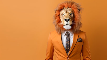 Lion in formal suit acting in corporate setting, studio shot on plain wall with copy spaceの素材
