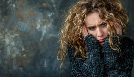 Young woman hiding face with hands, space for text, illustrating sadness and depression concept.の素材