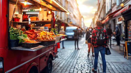 Vibrant food truck at urban food festival with selective focus on delicious dishesの素材