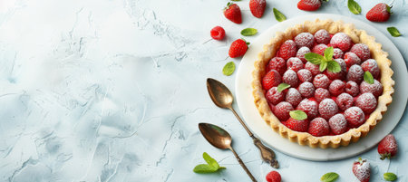 Overhead view of strawberry mini tart on white cutting board with vintage teaspoonsの素材