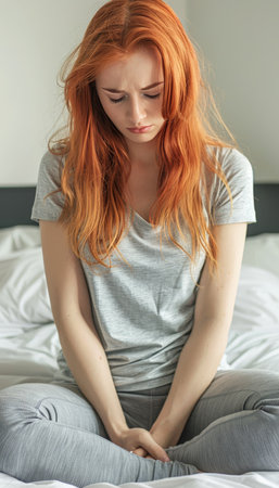 Sad woman in pajamas sitting on bed, struggling with depression and mental health issuesの素材