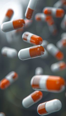 3d rendering of antibiotic pill capsules falling with a healthcare and medical theme.の素材