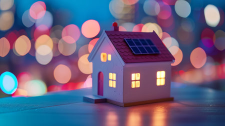 Futuristic smart home 3d model with solar panels for renewable energy on blurred backgroundの素材