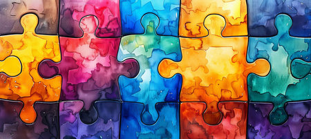 Colorful interlocking puzzle pieces with watercolor texture, symbolizing connection and diversity.の素材