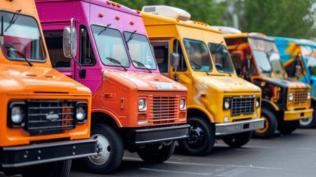 Close up of food truck in city food festival, selective focus and vibrant atmosphereの素材